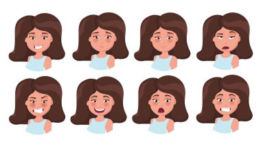 Woman, girl. Set of human emoji. European, brunette, character i
