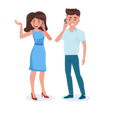 Cep telefonlarıyla konuşan bir kadın ve erkek. İnsanlar iletişim kurar