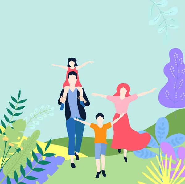 Vacaciones de verano. Familia con niños caminando en el parque o bosque de la ciudad . — Vector de stock