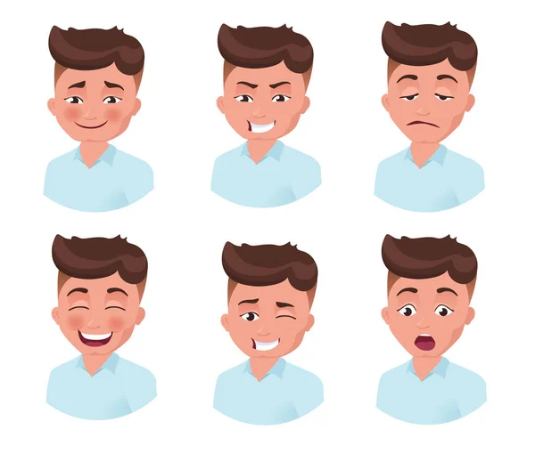 Boy, man. Set of human emoji. European, brunette, character isol — Stock Vector