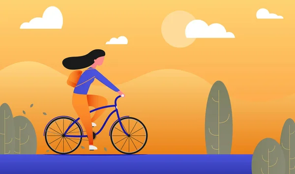 Menina passa o fim de semana ao ar livre e andar de bicicleta. Design de estilo plano — Vetor de Stock