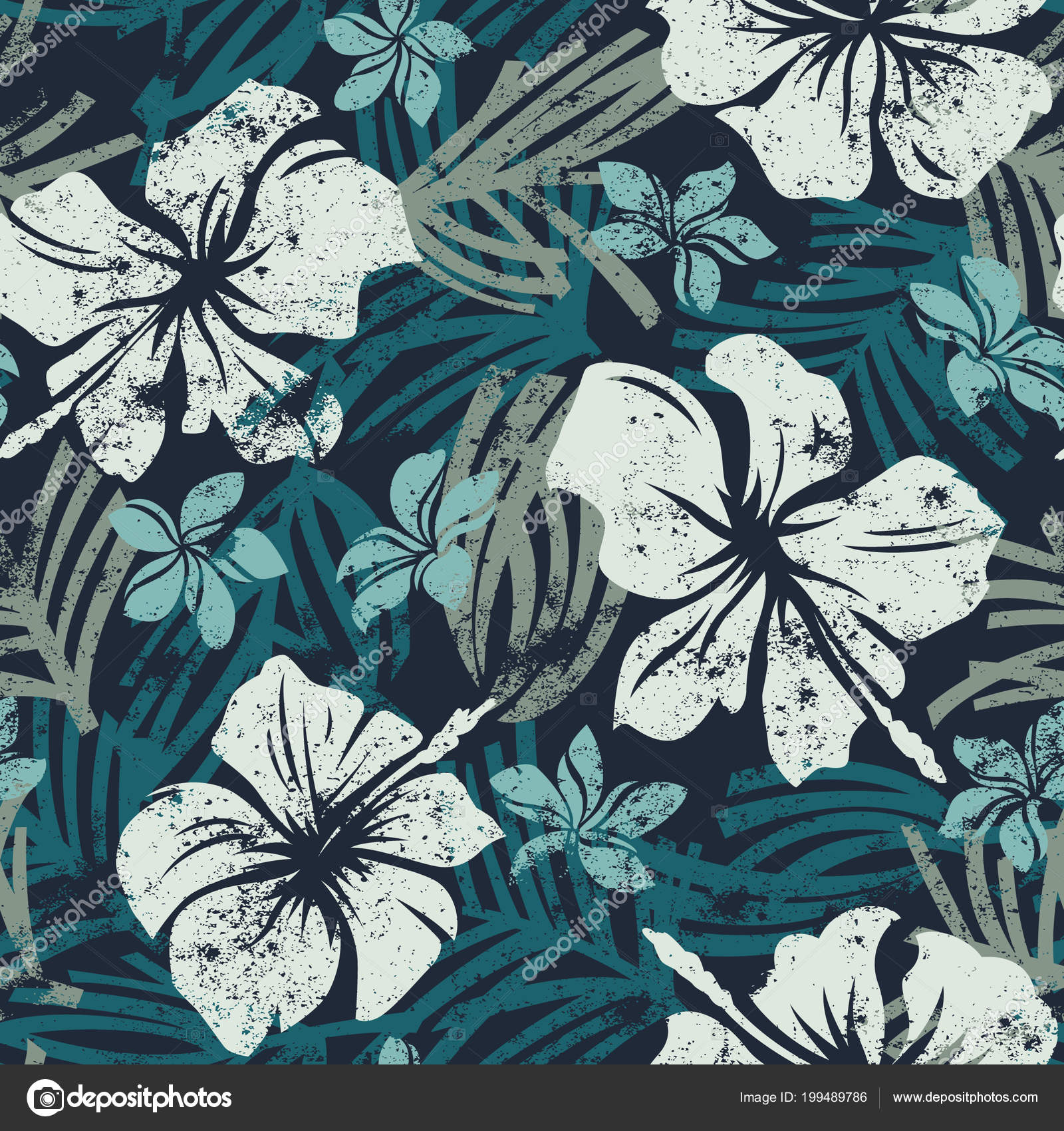 Grunge Hibiscus Flowers Seamless Pattern Vintage Tropical Abstract