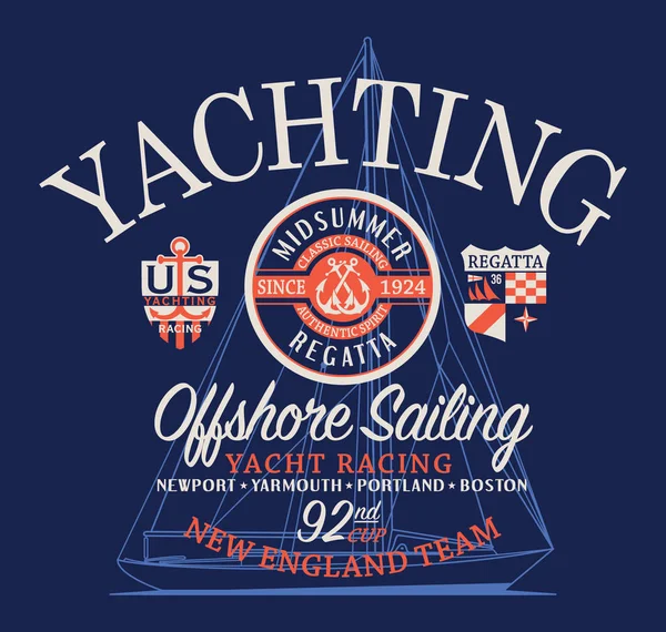 海上帆船帆船赛游艇比赛 航海风格矢量艺术品男童 T恤衫 — 图库矢量图片