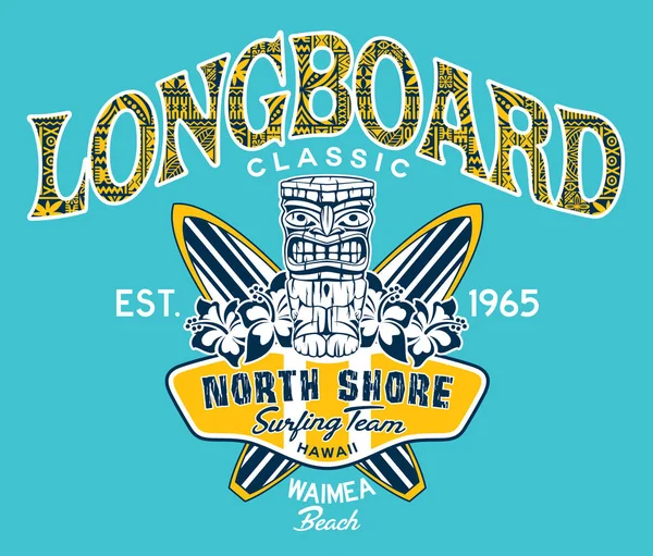 North Shore Hawaii Longboard Equipe Surf Clássico Vintage Impressão Vetorial — Vetor de Stock