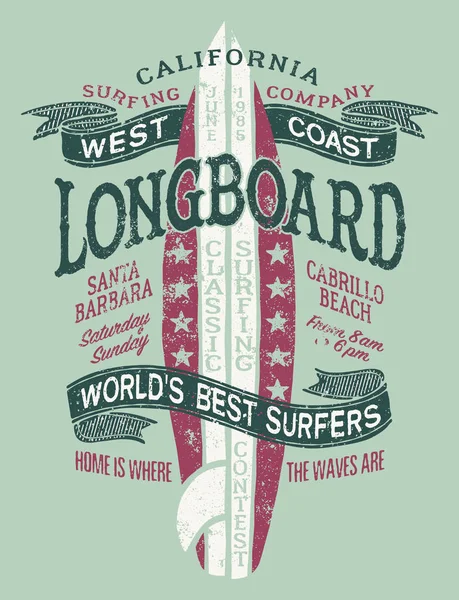 Longboard Classico West Coast California Surf Contest Vintage Grunge Vettoriale — Vettoriale Stock