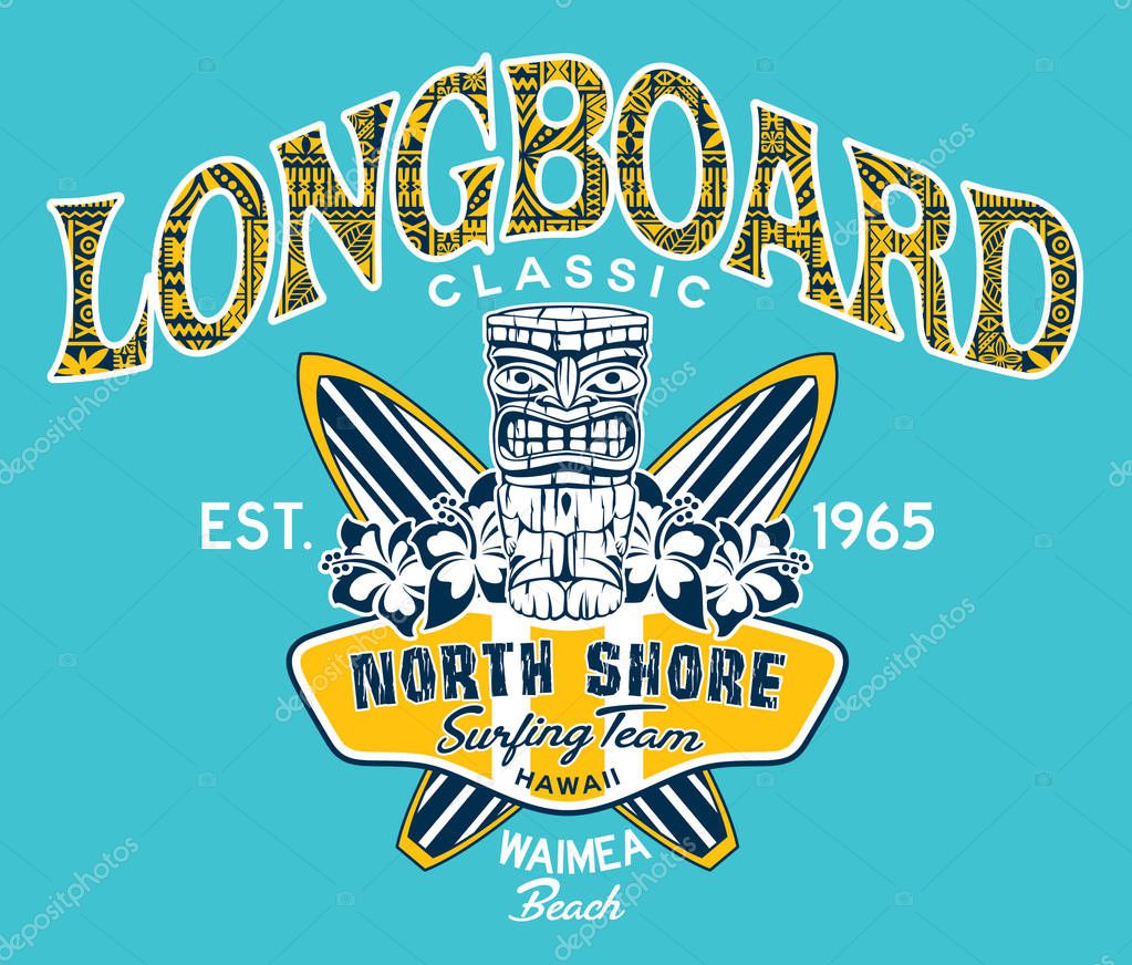 North shore Hawaii longboard classic surfing team, Vintage vector print for boy kid t shirt and summer wear