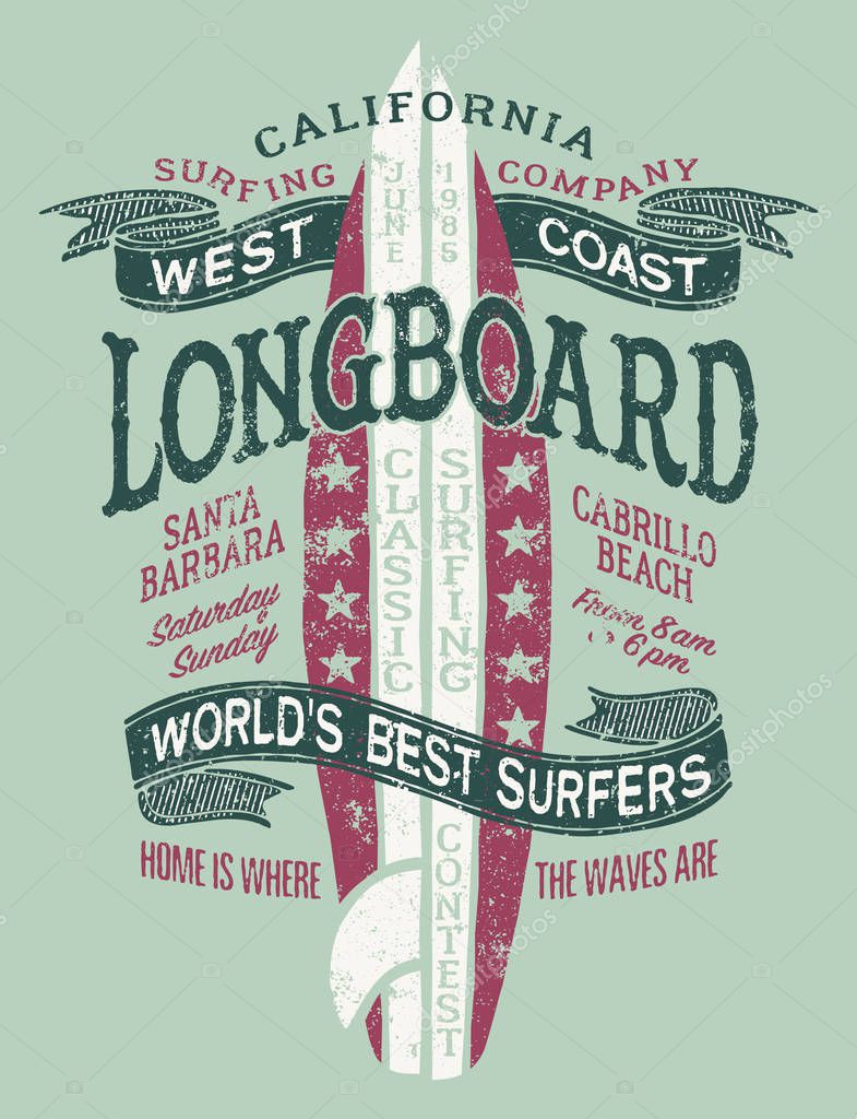 Classic longboard West coast California surf contest , vintage grunge vector artwork for boy t shirt summer wear