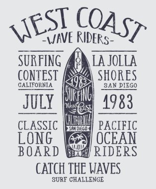 California dalga rider longboard sörf Yarışması, vintage vektör çocuk ya da adam yaz giyim t gömlek için yazdırma 