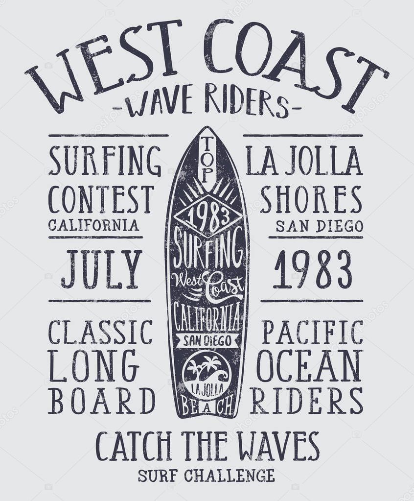 California wave rider longboard surfing contest, vintage vector print for boy or man summer wear t shirt