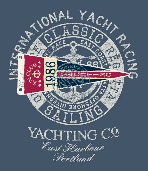 经典复古帆船赛帆船帆船赛 男童衬衫与贴花刺绣补丁的矢量打印 — 图库矢量图片