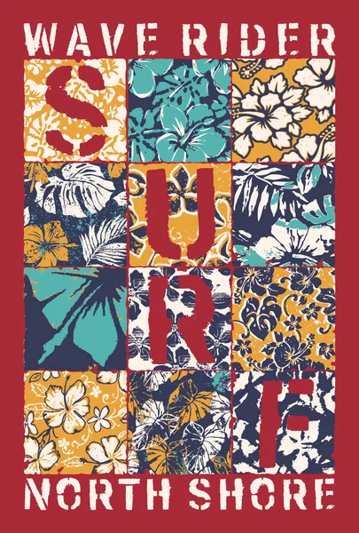 ハイビスカス パッチワーク サーフ ウェーブ ライダー グランジ ベクトル シャツ花柄背景パターンの印刷します — ストックベクタ
