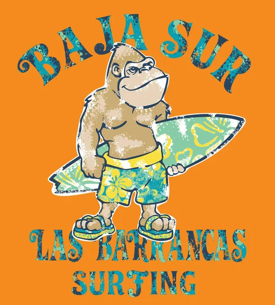 Baja Sur Cute Gorilla Surfer Grunge Vector Print Children Boy - Stok Vektor