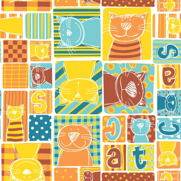 Funny Cat Fabric Patchwork Wallpaper Abstract Vector Seamless Pattern Cute — Stock Vector