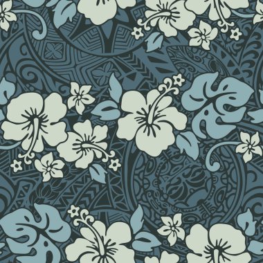Vintage hibiscus flowers with tribal background,  Hawaiian abstract floral vector seamless pattern  clipart