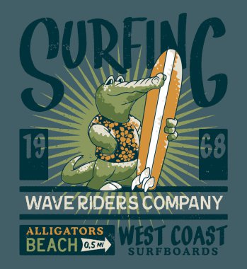 Timsah dalga rider sörf takımının, grunge soyut vektör çocuk giyim için yazdırma 
