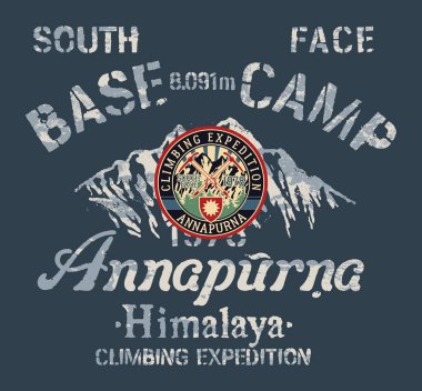 Annapurna Himalaya Güney yüzü seferi, vektör vintage baskı nakış aplike yama ile çocuk forması tırmanma