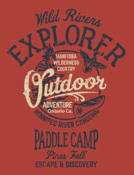 Ontario River Canoa Camp Adventure Stampa Vettoriale Ragazzo Shirt Effetto — Vettoriale Stock