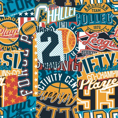 Vintage American college sport graphic patchwork abstract vector wallpaper seamless pattern clipart