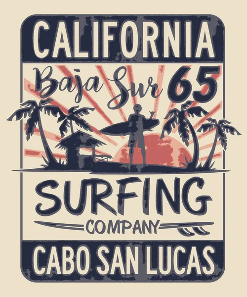 Baja California Sur Società Surf Stampa Vettoriale Ragazzo Shirt Effetto — Vettoriale Stock