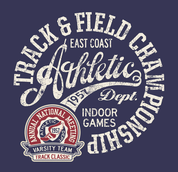 Vintage east coast track and field indoor games  vector print for boy sport wear grunge effect in separate layer