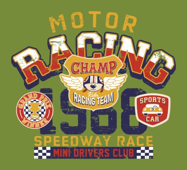 Sevimli ayı motor yarışları takımı vektör yazdırma ve nakış ayrı katmanda da aplike rozetleri grunge efektli çocuk giyim için