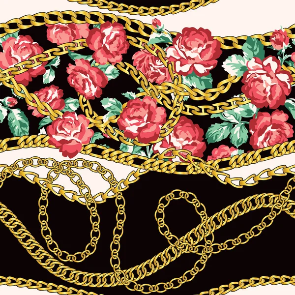 Cadenas Oro Con Flores Rosas Fondo Pantalla Vector Abstracto Patrón — Archivo Imágenes Vectoriales