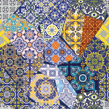 Antika Azulejos fayans patchwork duvar kağıdı geleneksel Portekiz soyut vektör seamless modeli