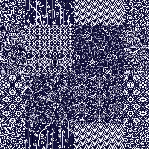 Tejidos Tradicionales Japoneses Patchwork Fondo Pantalla Abstracto Vector Floral Patrón — Vector de stock