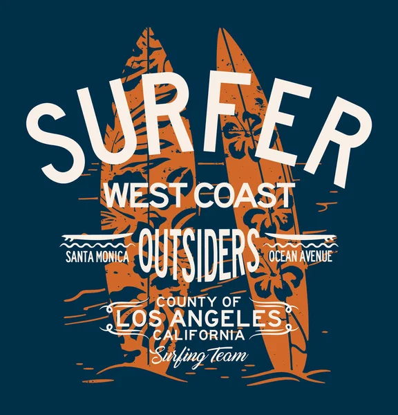 Westküste Kaliforniens Surfteam Vintage Vector Artwork Für Jungen Mann Shirt — Stockvektor