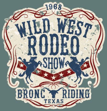 Vahşi Batı rodeo at vintage vektör çizimleri için çocuk giyim, grunge etkisi ayrı katmanlar halinde göster