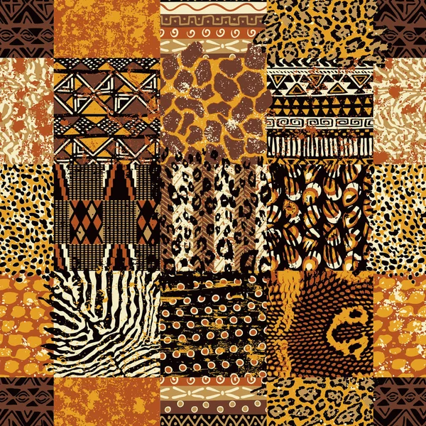 African Fabric Wild Animal Skins Patchwork Abstract Vector Seamless Pattern — Stock Vector