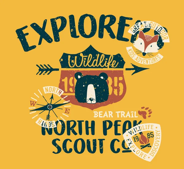 Niedliche Wildlife Explorer Scout Firma Vintage Vektor Print Für Kinder — Stockvektor