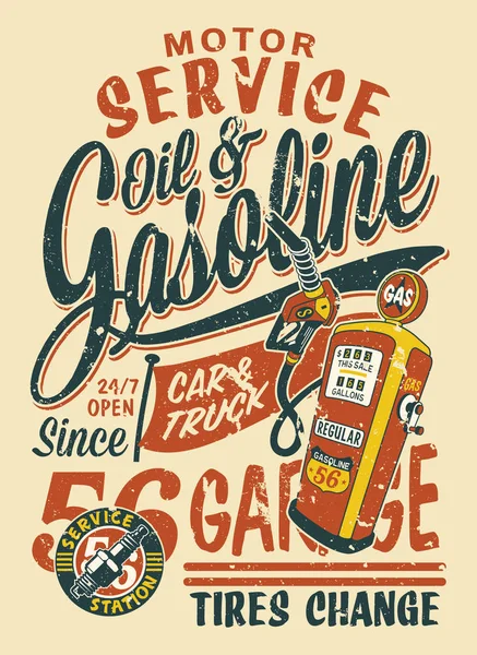 Motor Servicio Vintage Gasolinera Impresión Vectorial Para Niño Efecto Grunge — Archivo Imágenes Vectoriales