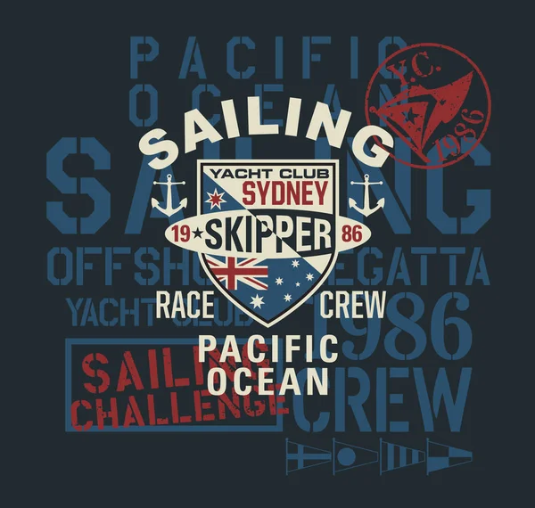 太平洋レガッタ チャレンジ ビンテージ ベクトル印刷用少年 シャツをセーリング — ストックベクタ