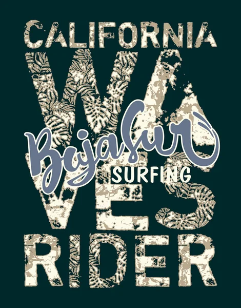 Baja Sur California Surf Fala Jeździec Grunge Wektor Drukuj Dla — Wektor stockowy