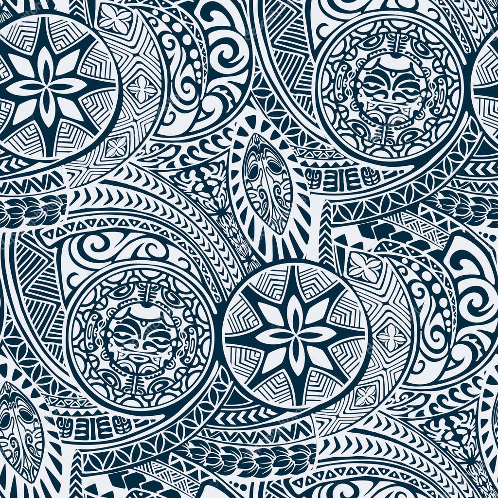 Polynesian hawaiian style tribal tattoo fabric vector seamless pattern