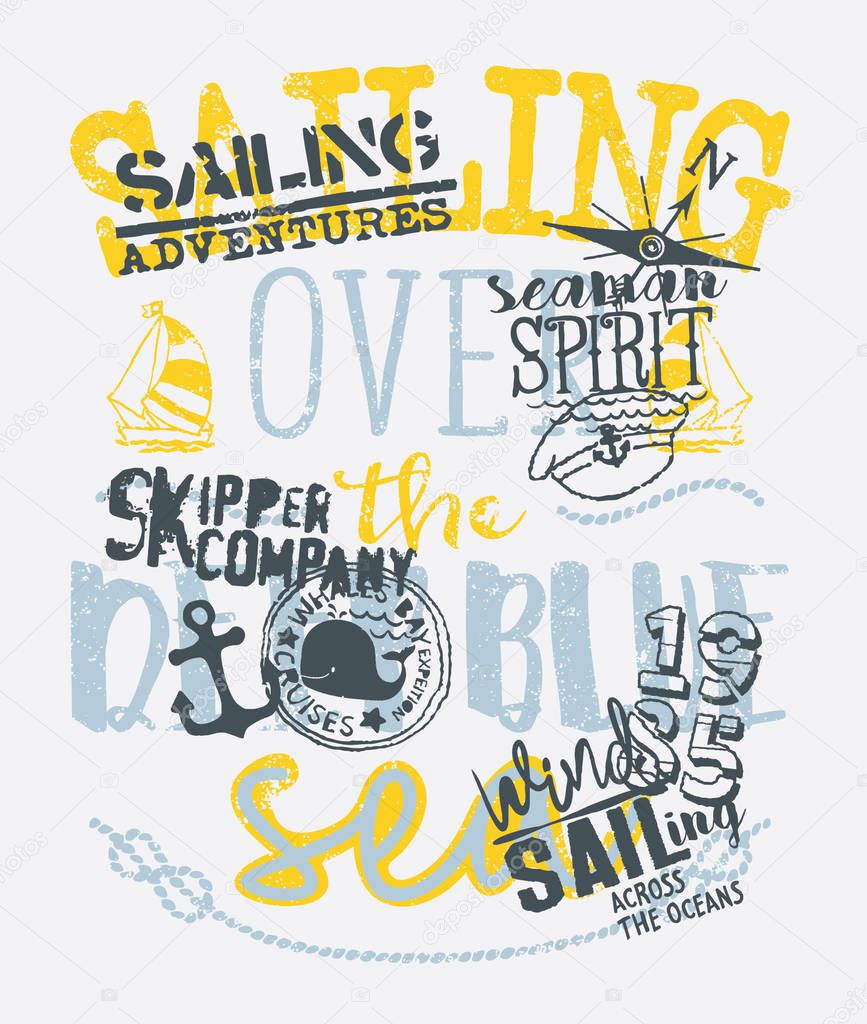 Kid skipper company sailing adventure cute grunge vector artwork for children wear summer t shirt