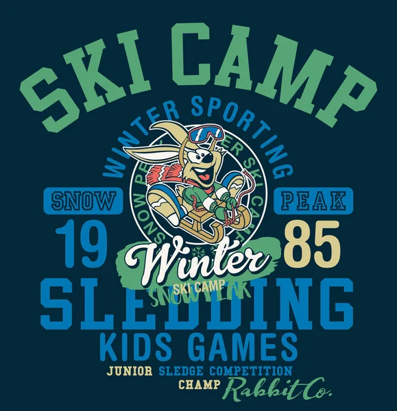 Schattig Konijn Slee Winterkamp Vector Print Voor Kinderen Ski Wear — Stockvector