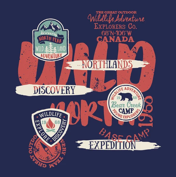 野生動物の冒険北陸発見探検グランジヴィンテージベクトルプリント子供の男の子のシャツとアプリケバッジ — ストックベクタ