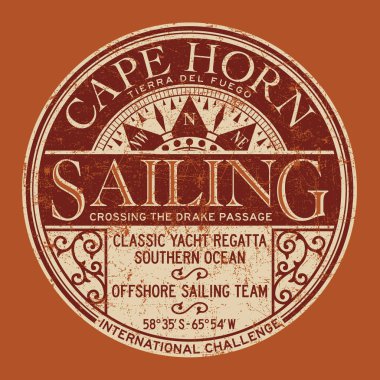 Cape Horn yelken liyakat deniz rozeti ayrı bir katmanda erkek t shirt grunge etkisi için vintage vektör sanat