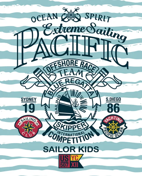 太平洋極端なセーリングヨットクラブヴィンテージベクトルプリント子供のためのアップリケパッチで着用 — ストックベクタ