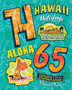 Hawaii 'den Aloha Cennet Adası vektör baskısı uygulamalı bantlı ve pürüzsüz arkaplanlı çocuklar için