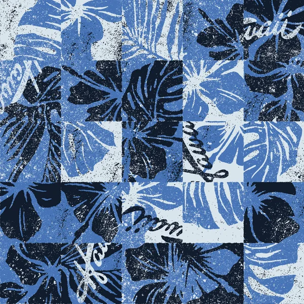 Hibiscus Hawaïen Fleurs Vintage Patchwork Grunge Vecteur Modèle Sans Couture — Image vectorielle