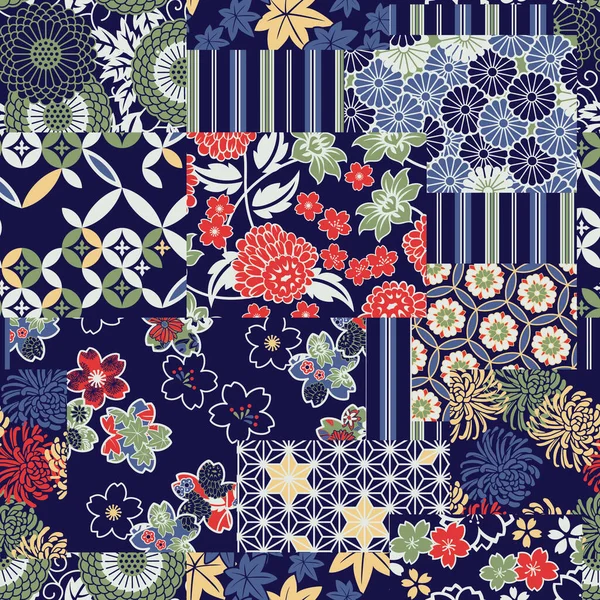 Tejidos Tradicionales Japoneses Patchwork Fondo Pantalla Abstracto Vector Floral Patrón — Archivo Imágenes Vectoriales