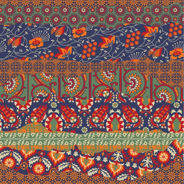 Indiaas Zijde Bloemenprint Stof Patchwork Vector Naadloos Patroon — Stockvector