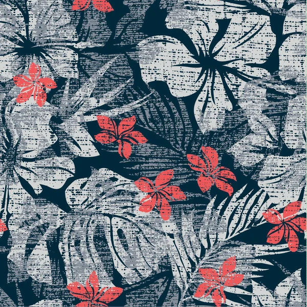 长有叶子壁纸的梅兰基芙蓉花 切向热带无缝图案 — 图库矢量图片