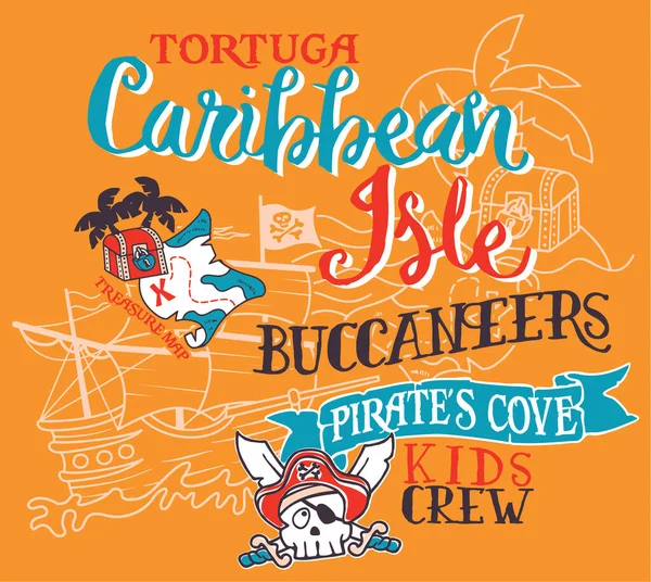 Söt Karibisk Pirat Skatt Karta Vektor Tryck För Barn Skjorta — Stock vektor