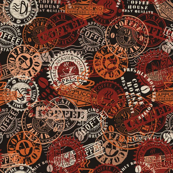 Кофейня Резиновые Штампы Гранж Значки Коллекции Векторной Бесшовной Картины — стоковый вектор