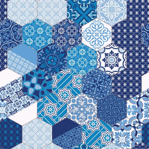 六角形Azulejos青いタイルモザイクベクトルシームレスパターン — ストックベクタ