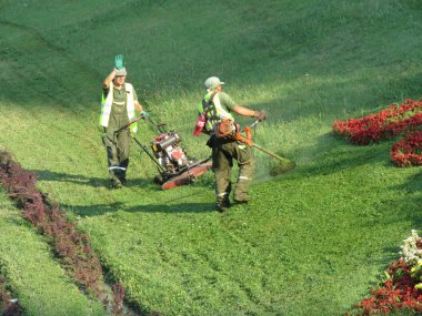 Belgrad, Sırbistan, 22 Ağustos 2018. Şehir arması çevresinde otoyol yanındaki çim biçme şehir işçiler çiçek yaptı.